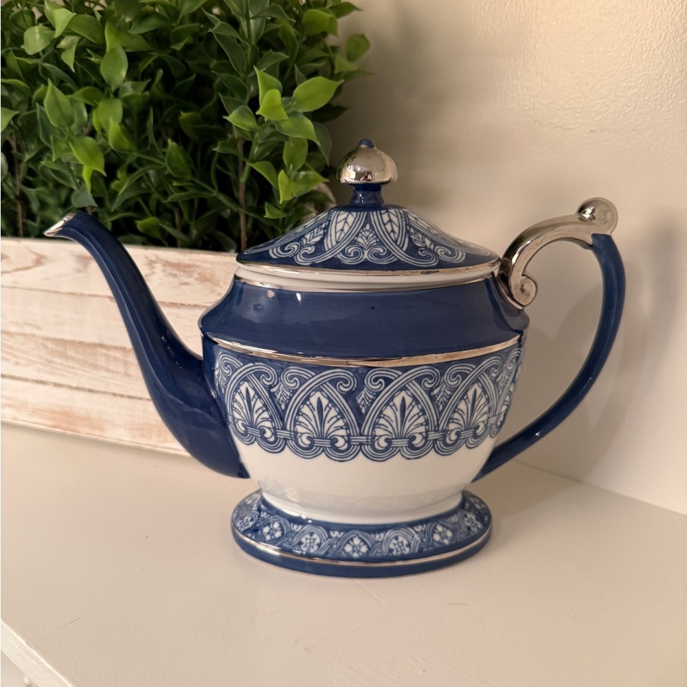 Bombay Co. Cobalt Blue & White Arabesque Tile Platinum Trim Teapot w/Lid Vintage
